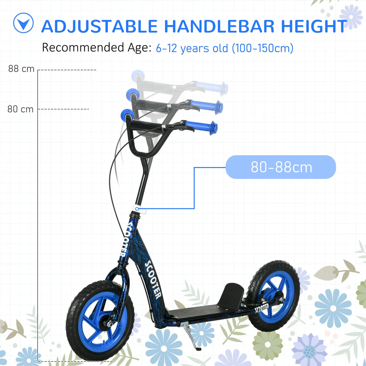 AIYAPLAY Kids Scooter with Adjustable Handlebar, Children's Kick Scooter with Non-slip Footplate, Rear Brake, Kickstand, Blue