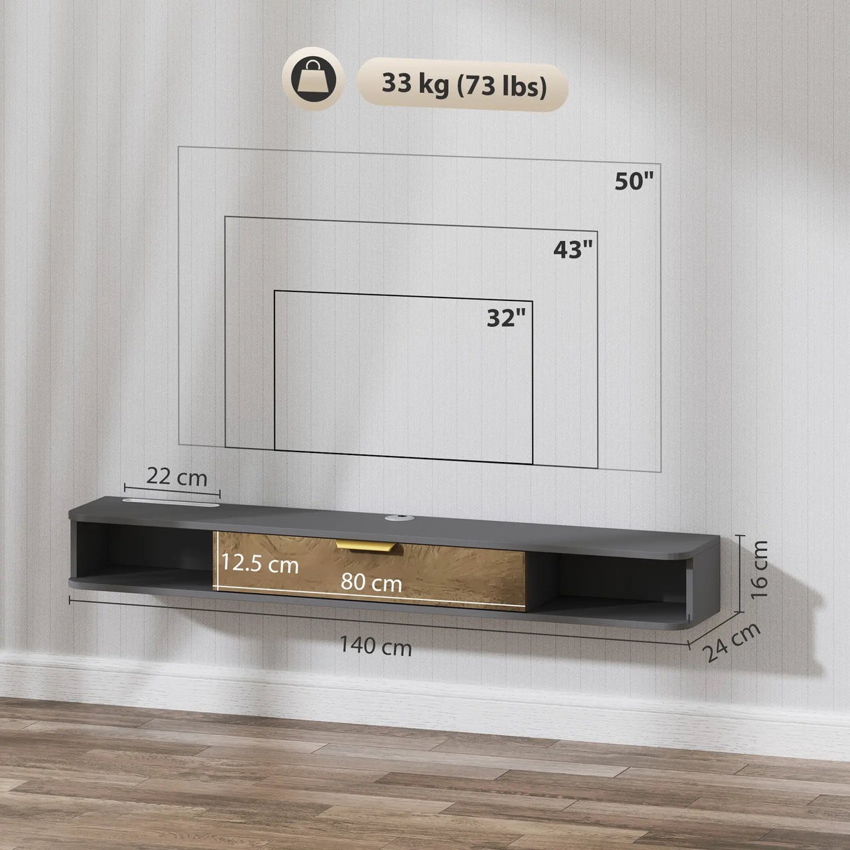 HOMCOM 140 cm Floating TV Stand with Storage - Charcoal Grey