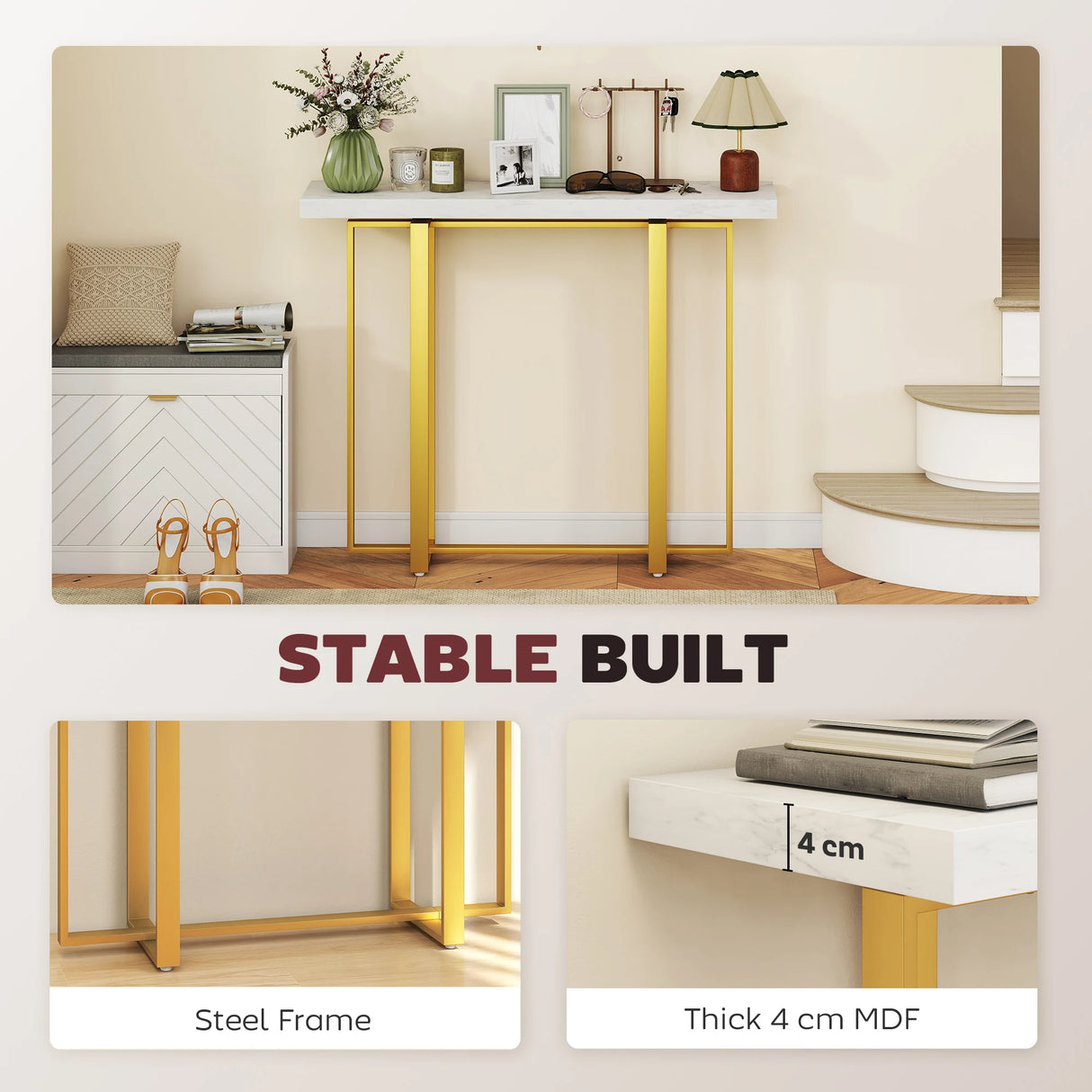 HOMCOM Console Table with Faux Marble Top, 100 cm Narrow Entryway Table with Anti-tipping Device, Steel Frame, White