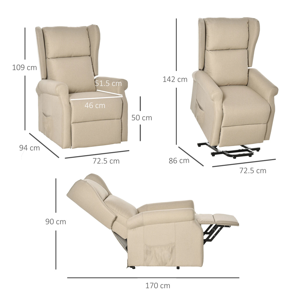 HOMCOM Power Lift Recliner Armchair, Electric Lift Chair for Elderly, Fabric Riser and Reclining Chair with Wingback, Remote Control, Side Pockets, Footrest, for Living Room, Beige
