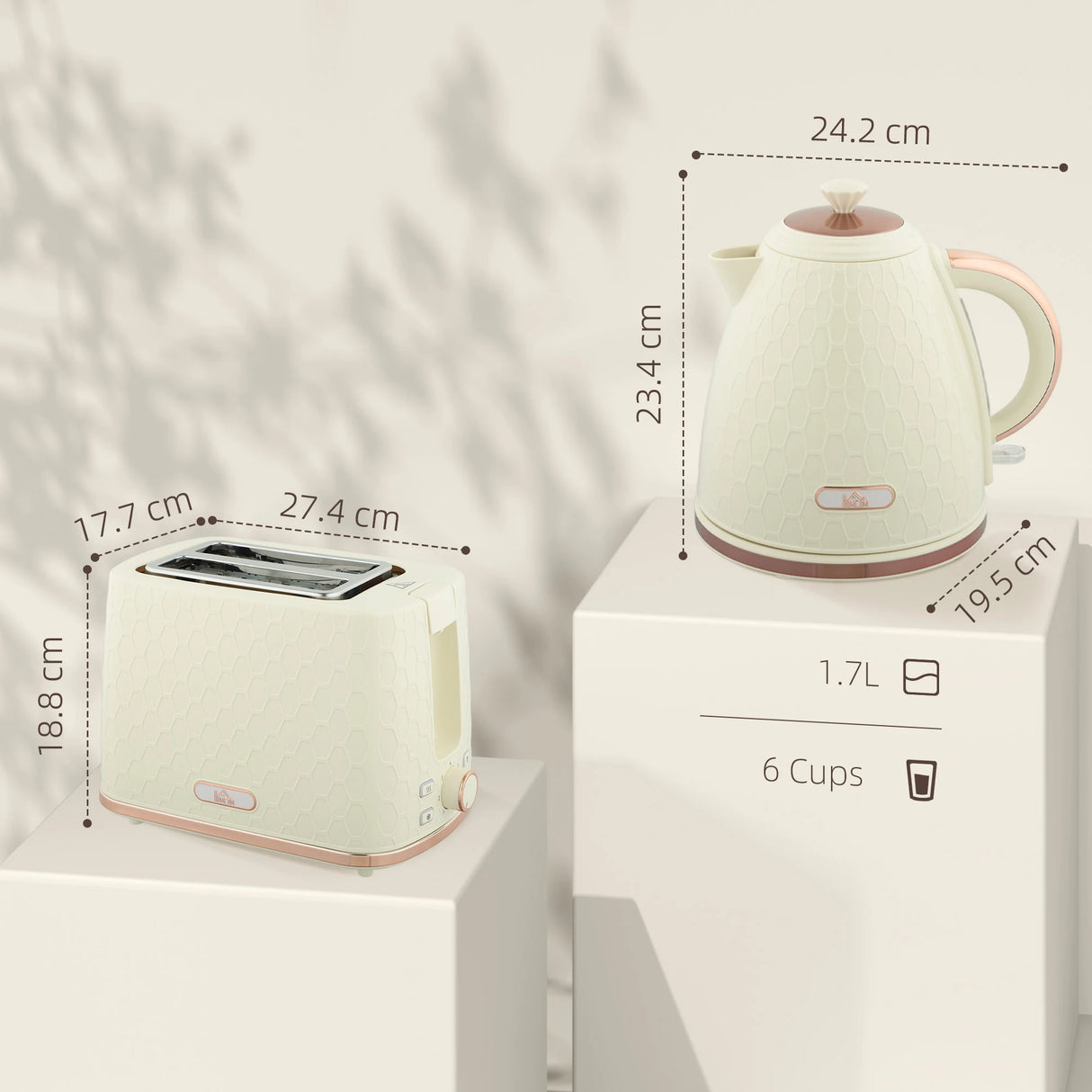 HOMCOM 1.7L 3000W Fast Boil Kettle & 2 Slice Toaster Set, Kettle and Toaster Set with Auto Shut Off, Browning Controls, Beige