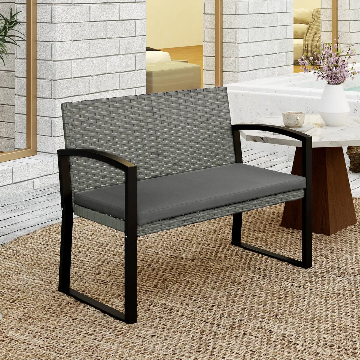 Outsunny Two-Seater Rattan Garden Bench - Grey/Black