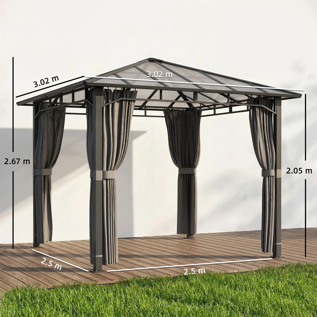 Outsunny 3 x 3 m Outdoor Hardtop Gazebo Canopy with PC Roof, Aluminium Permanent Pavilion Garden Gazebo with Curtains, Tan