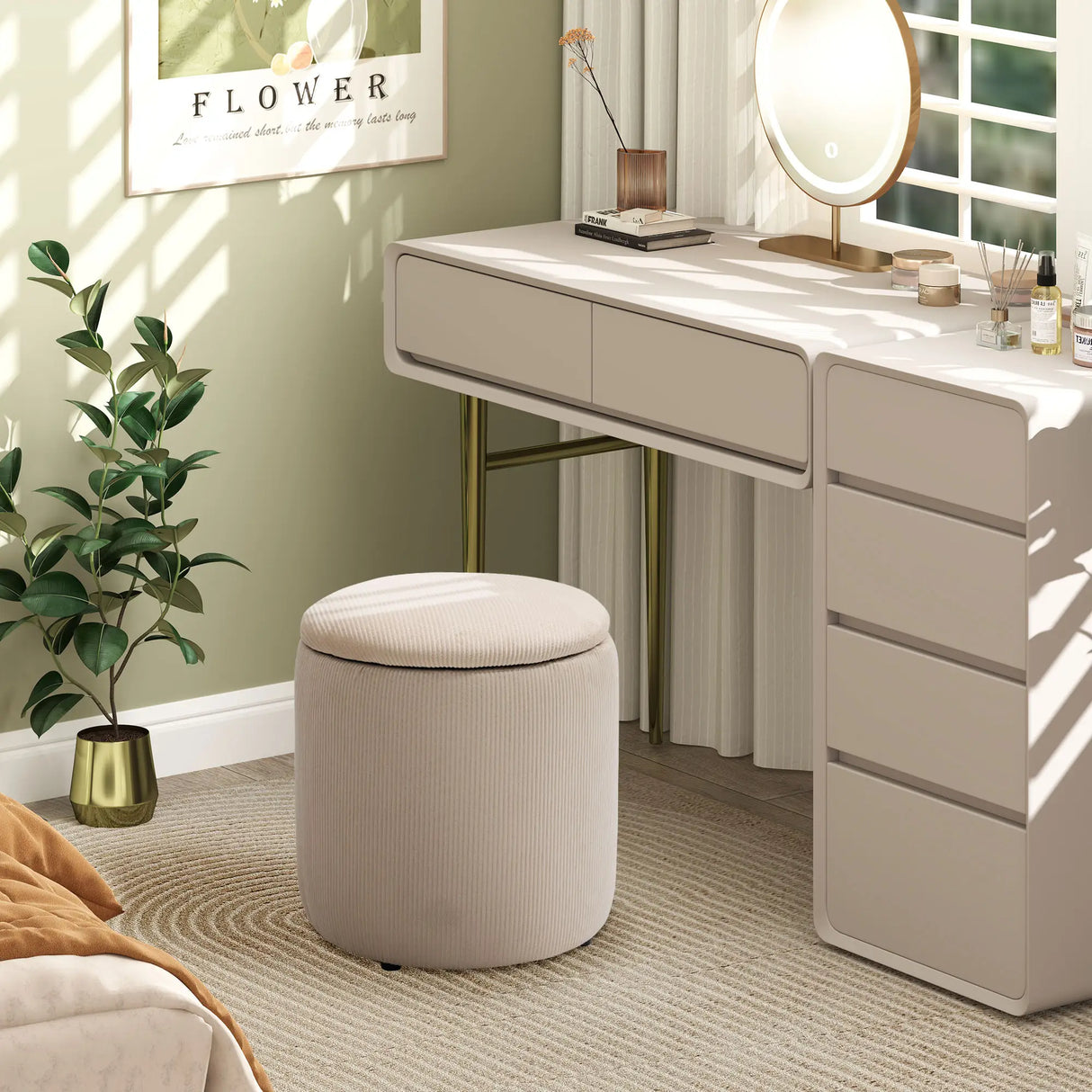 HOMCOM Set of 2 Round Ottoman with Storage, Fabric Vanity Stool for Makeup, Footrest Stool with Removable Lid for Living Room & Bedroom, Cream White