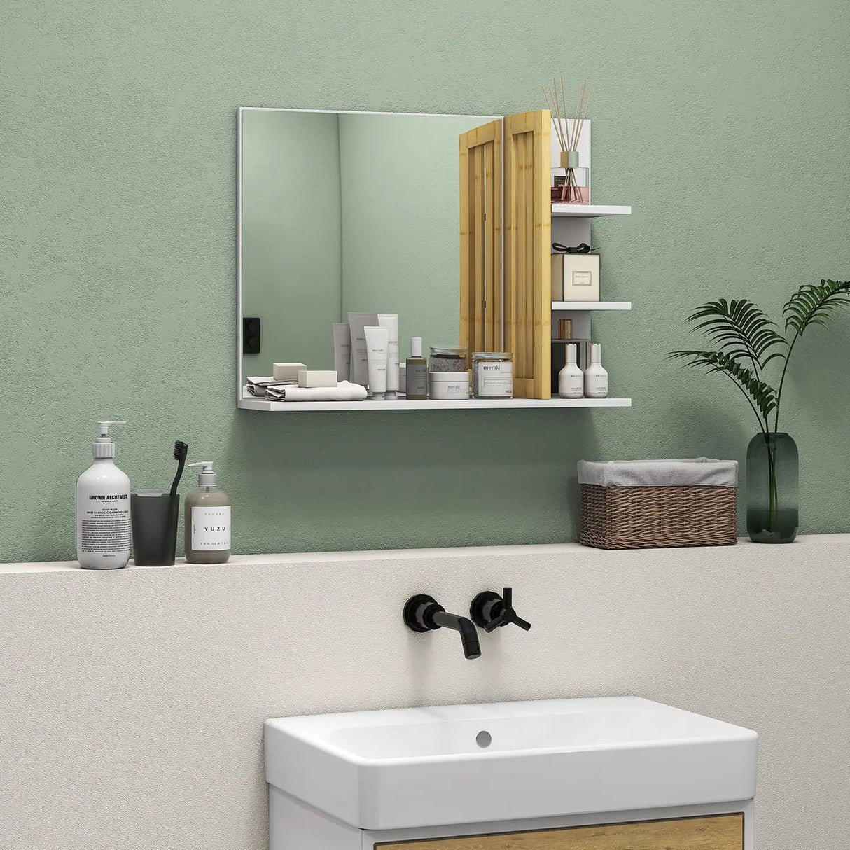 HOMCOM Bamboo Panel Bathroom Mirror, with Shelves - White