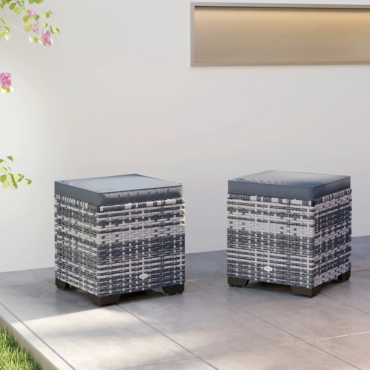 Outsunny Set of 2 Rattan Storage Ottoman, Outdoor Footstool with Removable Cushions, Garden Storage Seat for Balcony, Porch, Living Room, Dark Grey