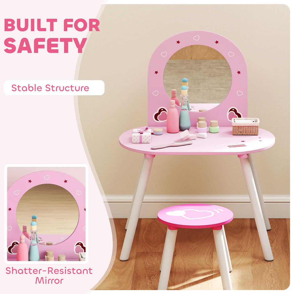 AIYAPLAY Kids Dressing Table with Mirror and Stool, Girls Vanity Set for Kids Room, Bedroom, Nursery, for Ages 36 Years, Pink