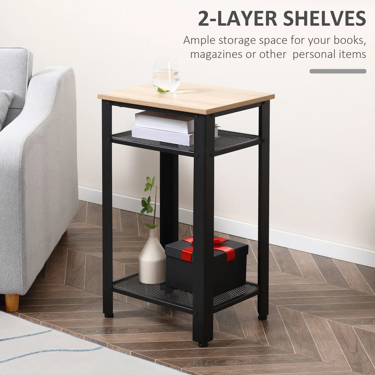 HOMCOM Tall Side Table Set of 2 with 3 Layer, 2 Shelves Storage Display Industrial-Style, Metal Frame, Bedside End Table for Living Room Bedroom, Oak and Black