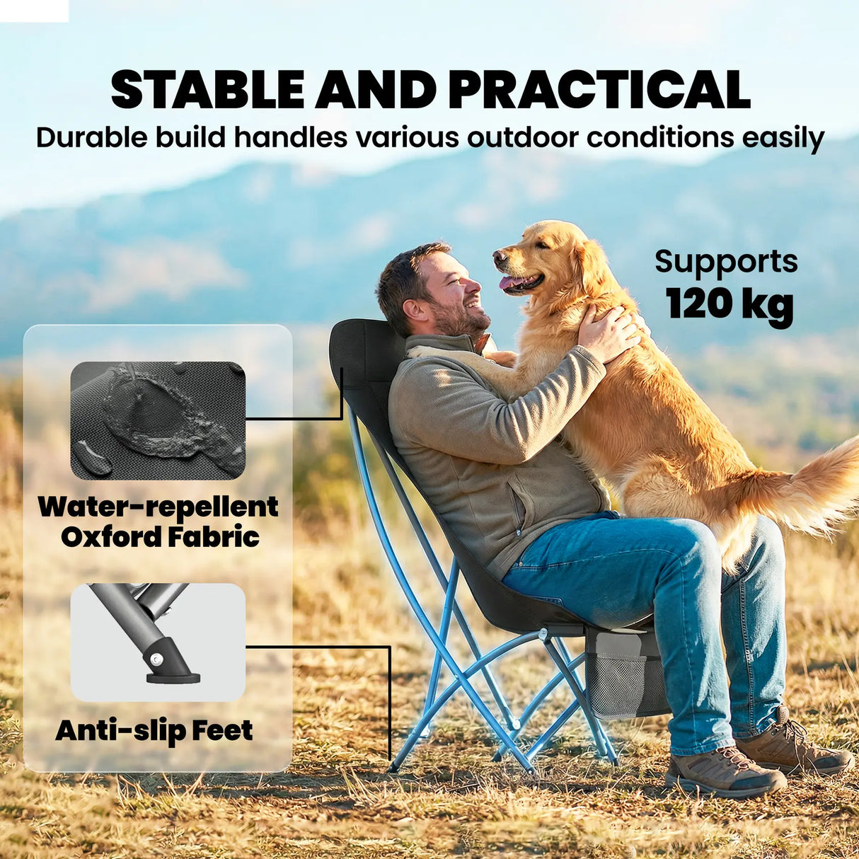 Outsunny Camping Chair for Adults Heavy Duty Folding Camp Chair with Side Pocket and Carry Bag Black