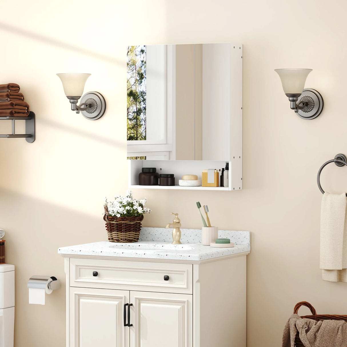 kleankin Bathroom Cabinet with Mirror, Wall Mounted Bathroom Mirror Cabinet with Adjustable Shelf, 2 Doors Storage Cupboard, White