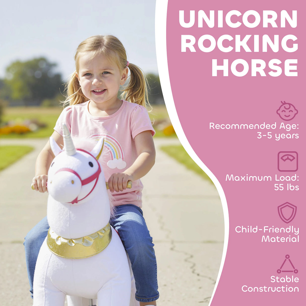 AIYAPLAY Kids Rocking Horse, Plush Walking Horse with Wheels, Ride On Unicorn Toy for Ages 3-5 Years Old, White