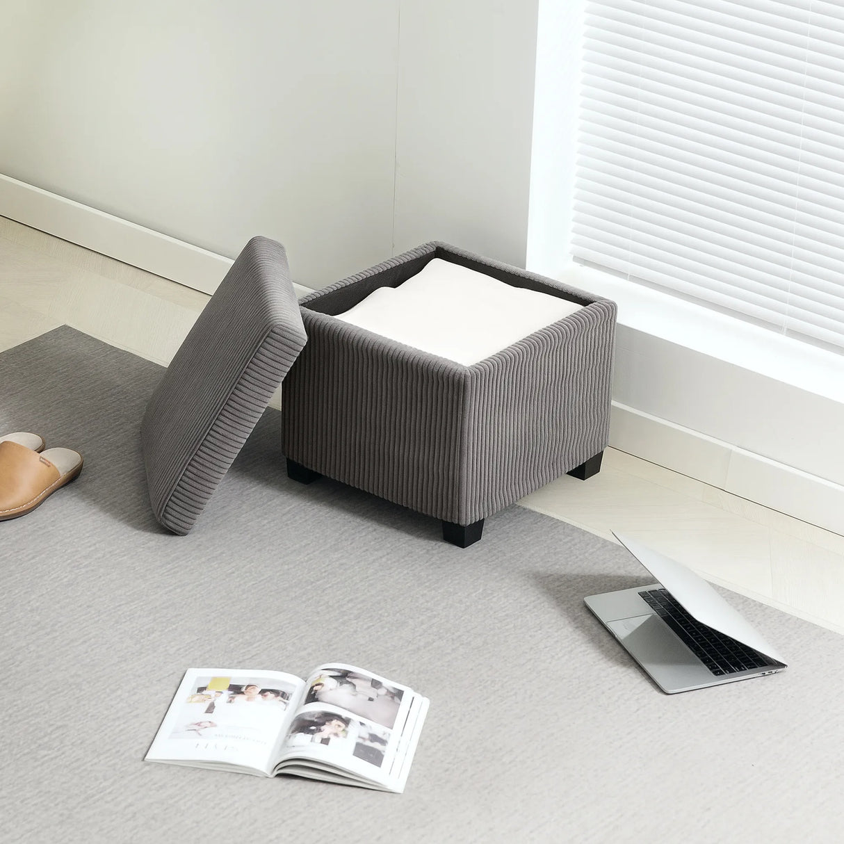 HOMCOM Storage Ottoman Bench, Corduroy Footstool with Removable Lid and Legs, 40cm Storage Chest Box for Living Room, Bedroom, Hallway, Grey