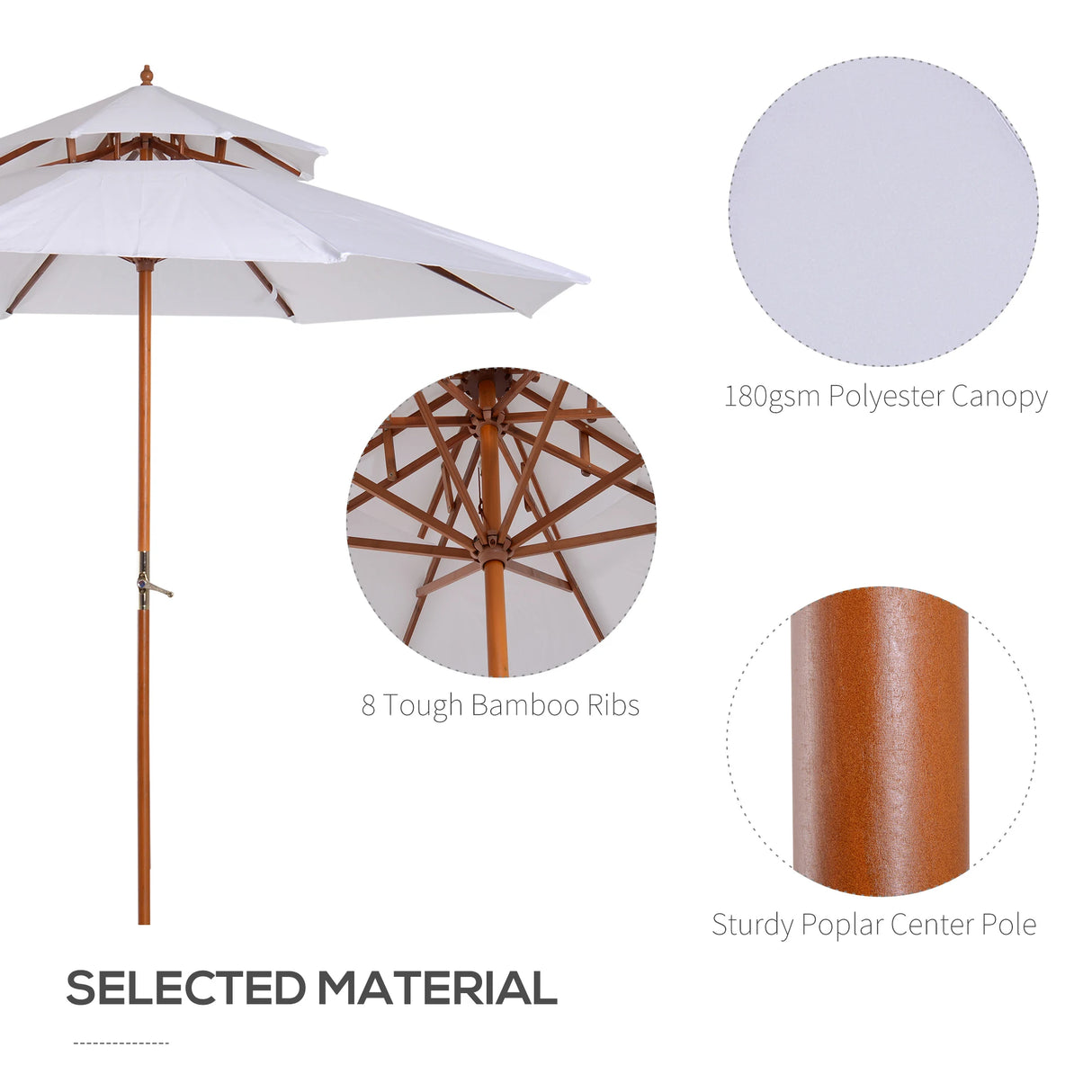Outsunny 2.7m Elegant Wooden Frame Parasol Umbrella - White