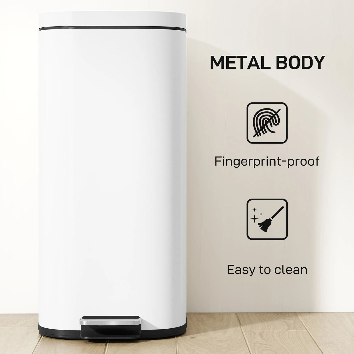 HOMCOM 30L Kitchen Bin, Compact Pedal Bin with Soft-Close and Stay-Open Lid, Removable Bucket for Kitchen, Home, Office, White