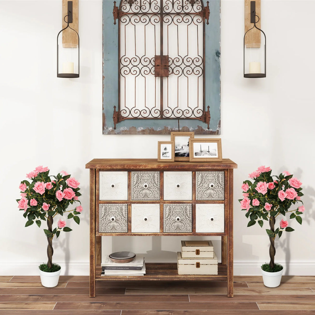 Outsunny Set of 2 Artificial Plants Pink Rose Floral in Pot, Fake Plants for Home Indoor Decor, 90cm