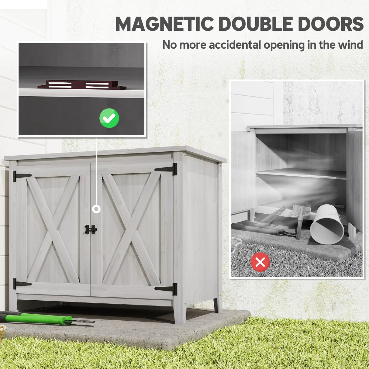 Outsunny Wooden Garden Shed, Outdoor Fir Wood Storage Shed with Shelf and Double Doors, Light Grey