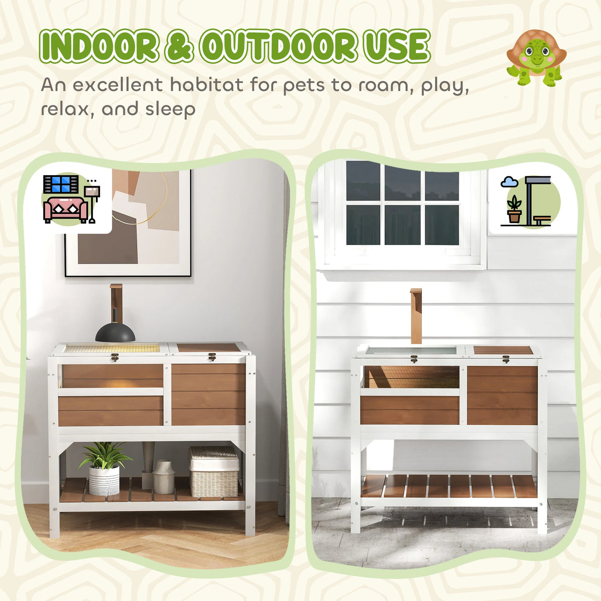 PawHut Wooden Tortoise House, with Shelter, Run, Shelf, Lamp Holder, Tray - Brown