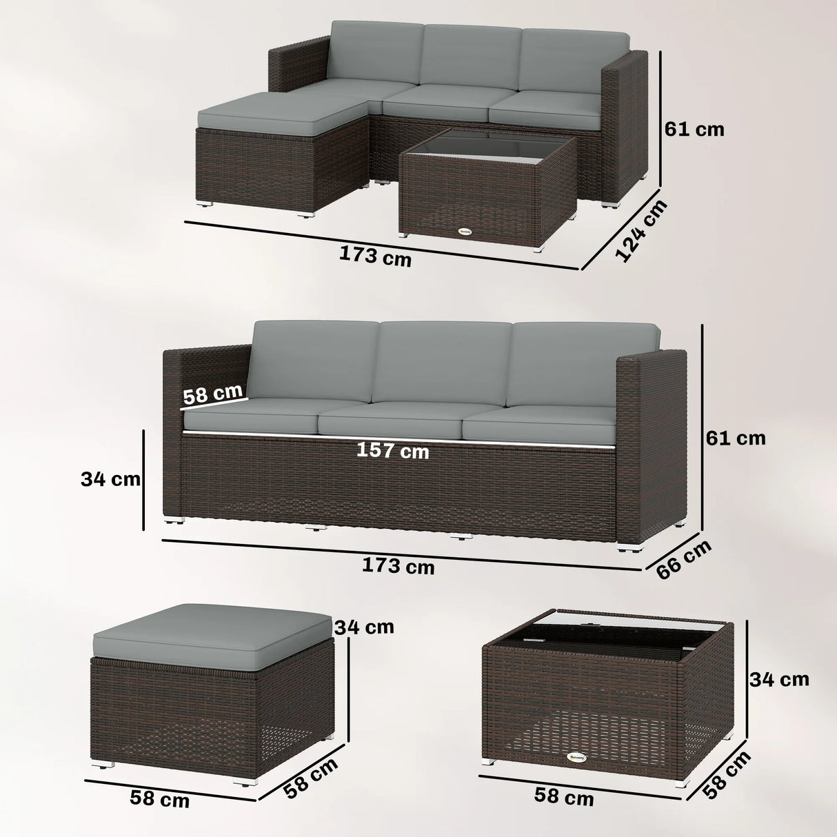 Outsunny 3 Pieces Garden Furniture Set w/ Cushions, PE Rattan Wicker Conversation Corner Sofa Set, Light Grey