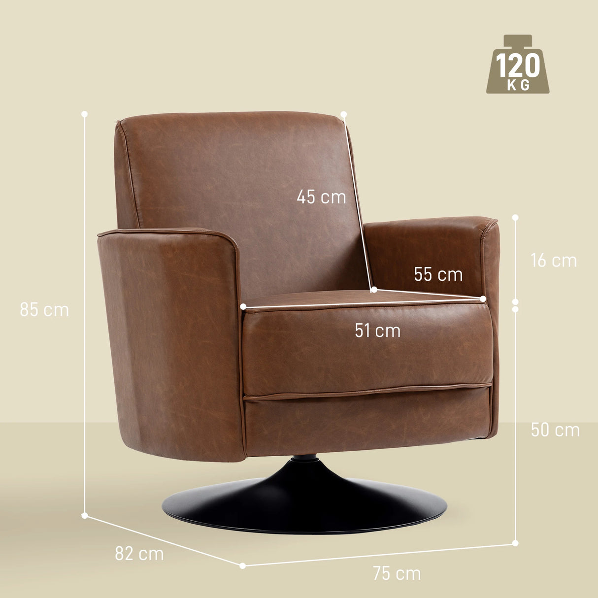 HOMCOM Upholstered Swivel Accent Chair with Thick Padding, Brown