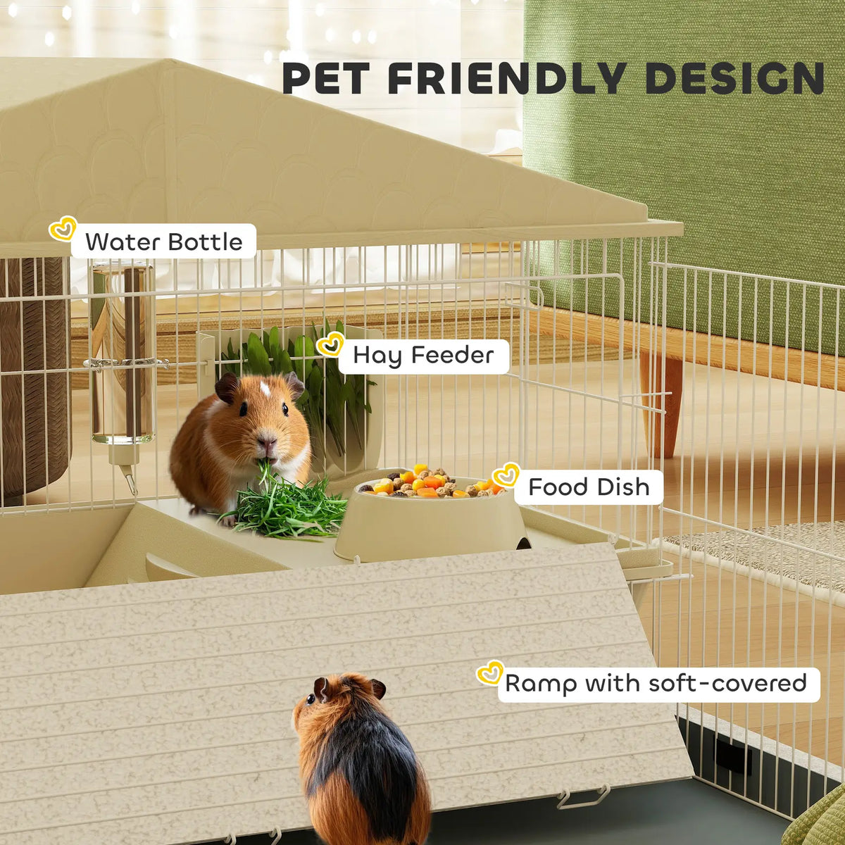 PawHut Small Animal Cage with Removable Pet Playpen, Guinea Pig Cage with Waterproof Pad, Hay Feeder, 108 x 71 x 57cm, Beige