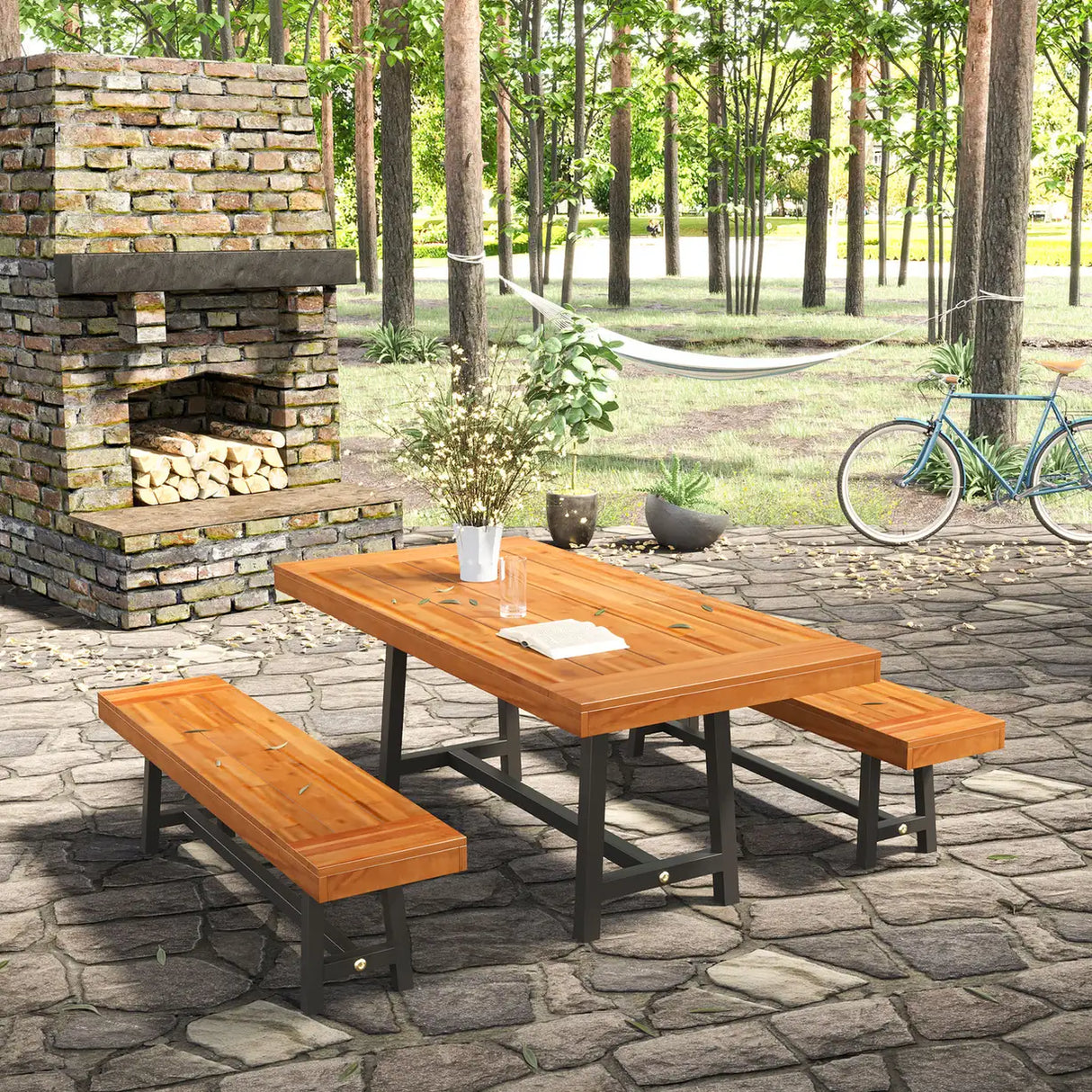 Outsunny Garden 3 Pieces Acacia Wood Picnic Table and 2 Benches Set Dining Trestle Beer Table Patio Outdoor Indoor Furniture