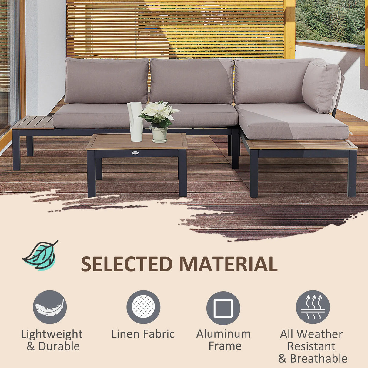 Outsunny 3 Pieces Garden Furniture Set, Aluminium 4 Seater Corner Sofa Set with 2 Loveseats, Coffee Table and Side Trays, Outdoor Conversation Furniture with Cushions for Garden, Black