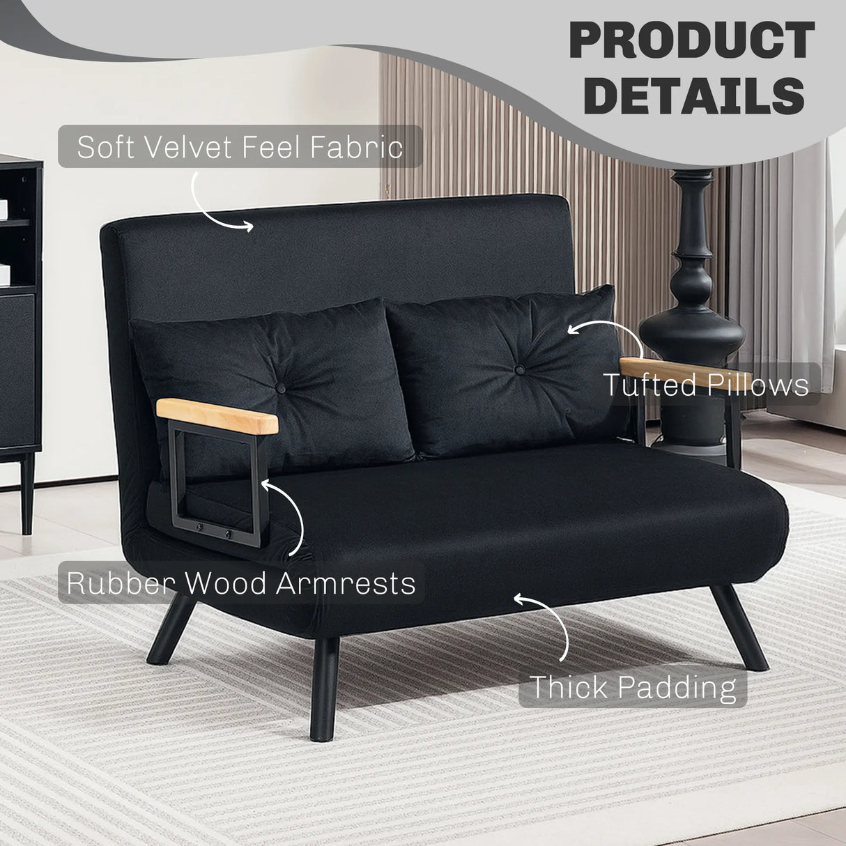 HOMCOM 4-in-1 Velvet-Feel Double Sofa Bed, with Pillows - Black