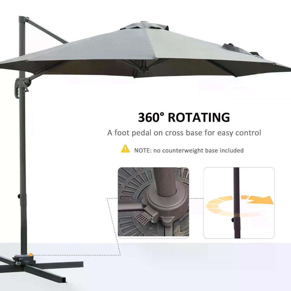Outsunny 3(m) Offset Parasol Cantilever Hanging Umbrella 360 Rotation w/ Base Dark Grey