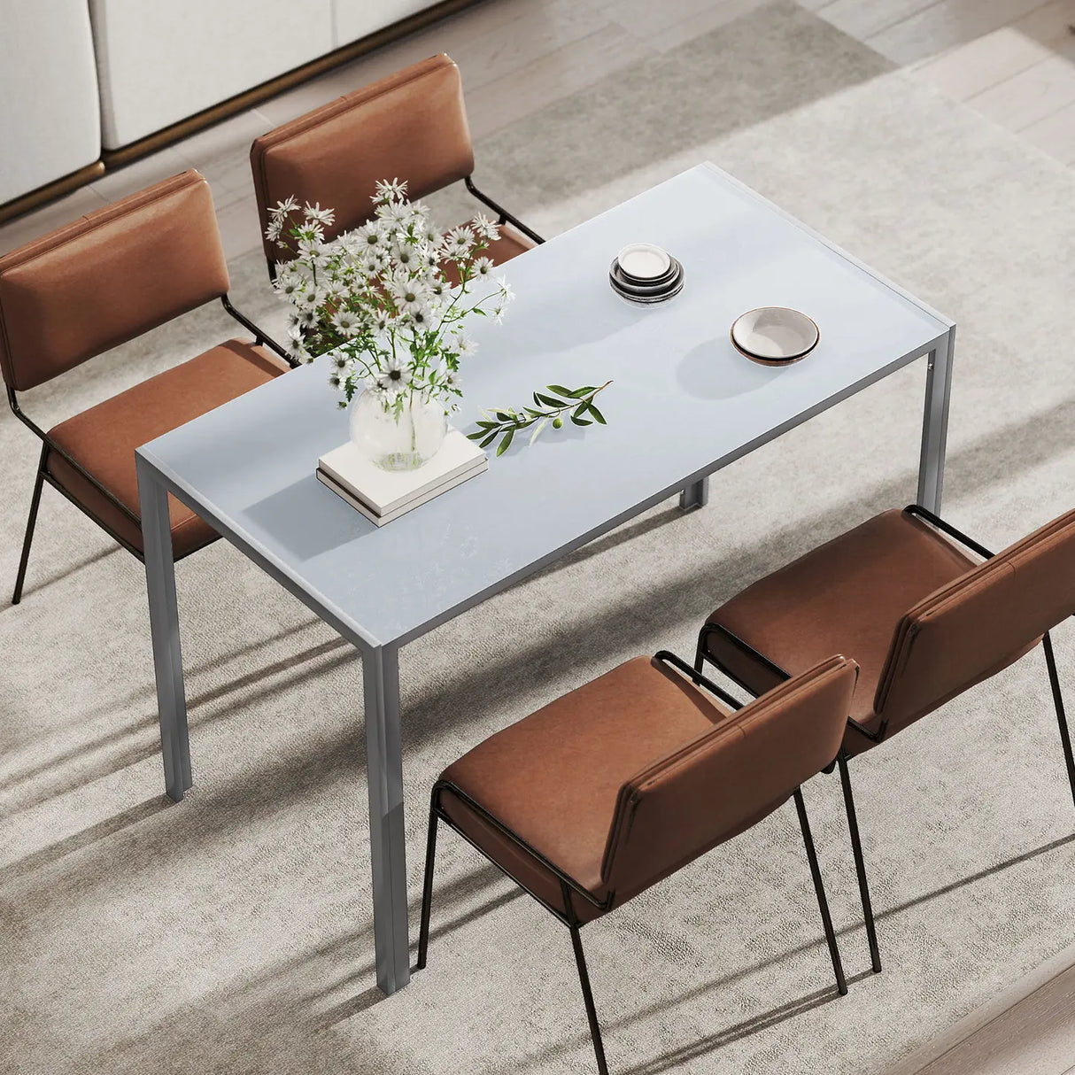 HOMCOM 120cm Dining Table, Rectangle 4 Seater Kitchen Table with Tempered Glass Top and Metal Legs, Grey