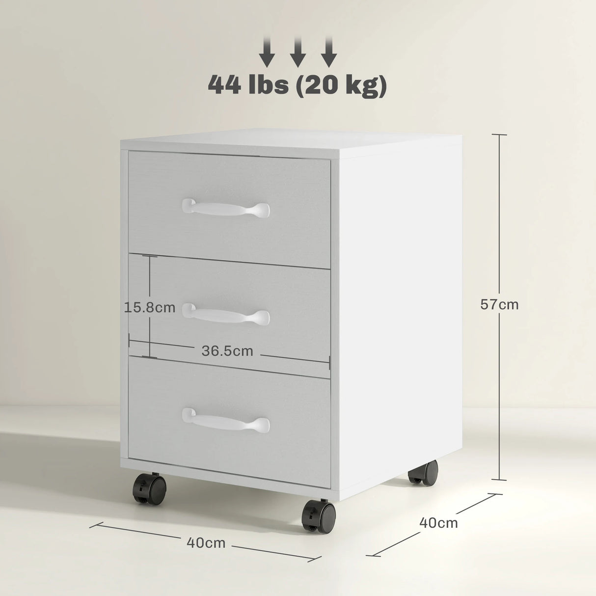HOMCOM 3 Drawer File Cabinet, Mobile Filing Cabinet on Wheels for Home Office, Study, White