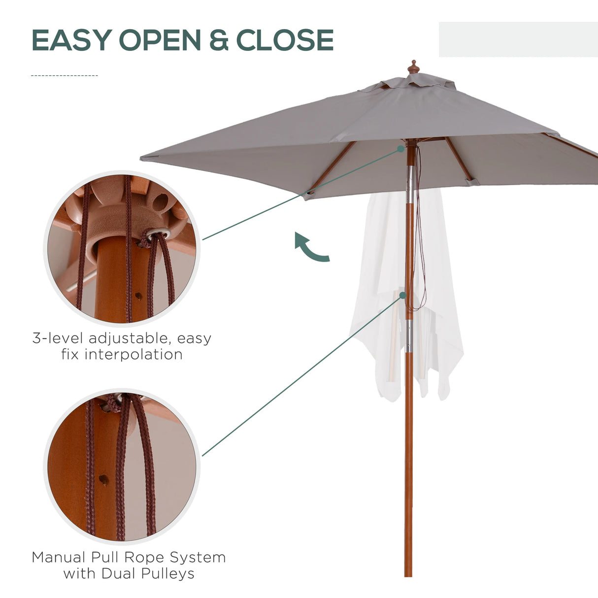 Outsunny 2m Tilting Wooden Pole Parasol - Grey