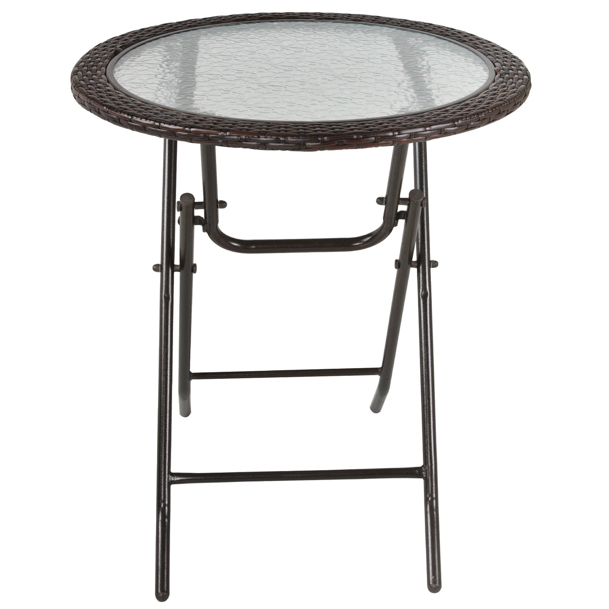 Outsunny Folding Rattan Garden Dining Table, 68 cm Round Rattan Garden Table with Water Ripple Tempered Glass Top, Wicker Edging and Steel Frame for Outdoor, Patio, Brown
