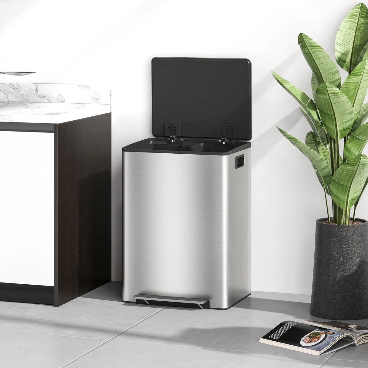 HOMCOM 60L Dual Compartment Stainless Steel Bin, with Deodoriser Holders - Silver Tone