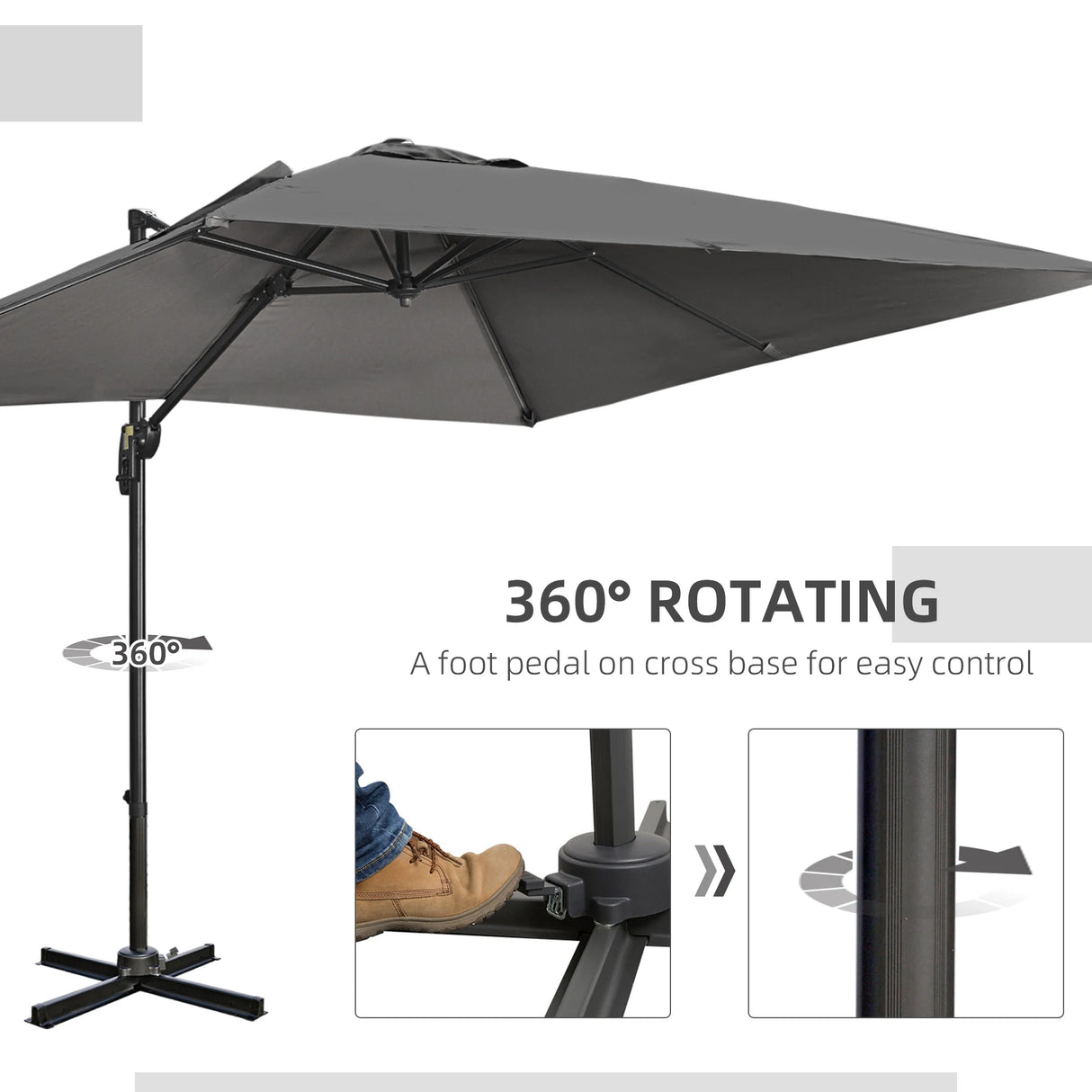 Outsunny 2.7 x 2.7 m Cantilever Parasol, Square Overhanging Umbrella with Cross Base, Crank Handle, Tilt, 360 Rotation and Aluminium Frame, Dark Grey