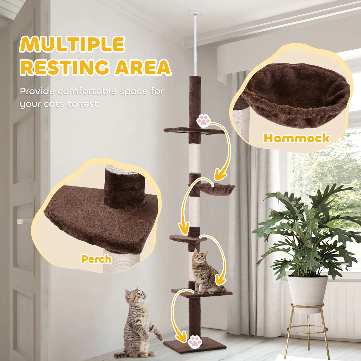 PawHut Floor to Ceiling Cat Tree Height Adjustable 230-260cm, 5-Tier Cat Tower with Scratching Post, Hammock, Perches, Climbing Activity Centre for Indoor Kittens, Brown