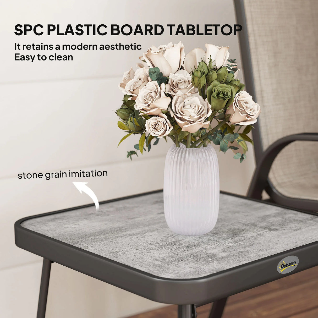 Outsunny 3 Pieces Outdoor Bistro Set, Patio Stackable Armchairs with Breathable Mesh Fabric and SPC Board Coffee Table, Brown