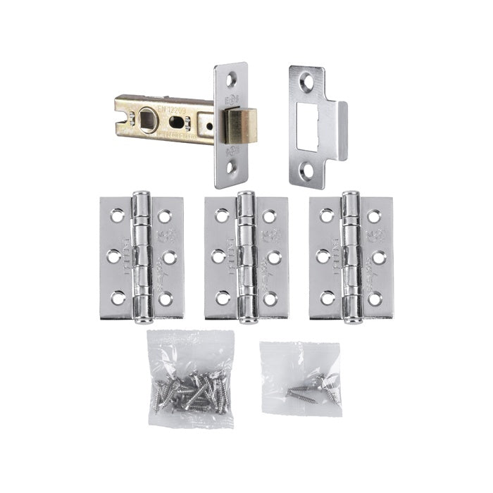 LATCH PACK – HINGES (3 PACK) & 2.5 INCH BOLT THROUGH LATCH - POLISHED CHROME - PACK