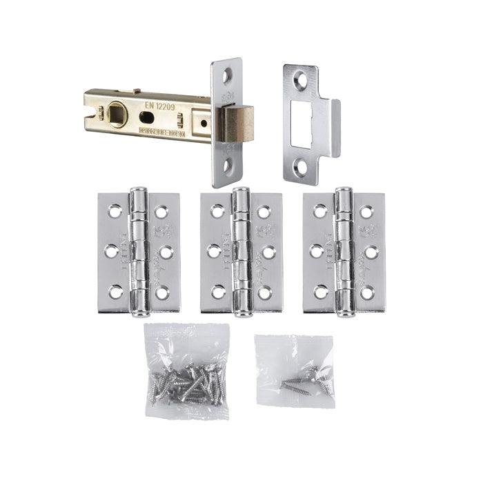 LATCH PACK – HINGES (3 PACK) & 3 INCH BOLT THROUGH LATCH - POLISHED CHROME - PACK