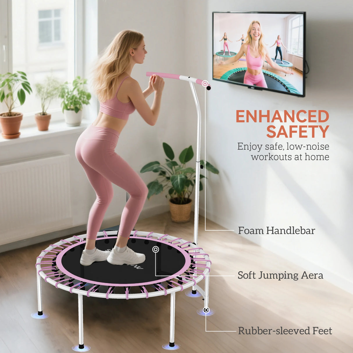 SPORTNOW 40" Fitness Trampoline, Mini Rebounder Trampoline for Adults with 5-Level Adjustable Handle, Indoor Exercise Bungee Rebounder, Max Load 100KG, Purple