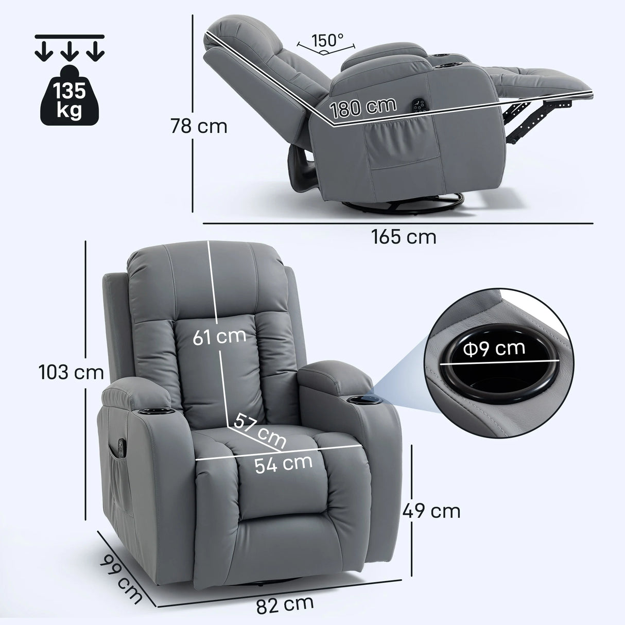 HOMCOM Massage Recliner Armchair, PU Leather Recliner Chair, Grey