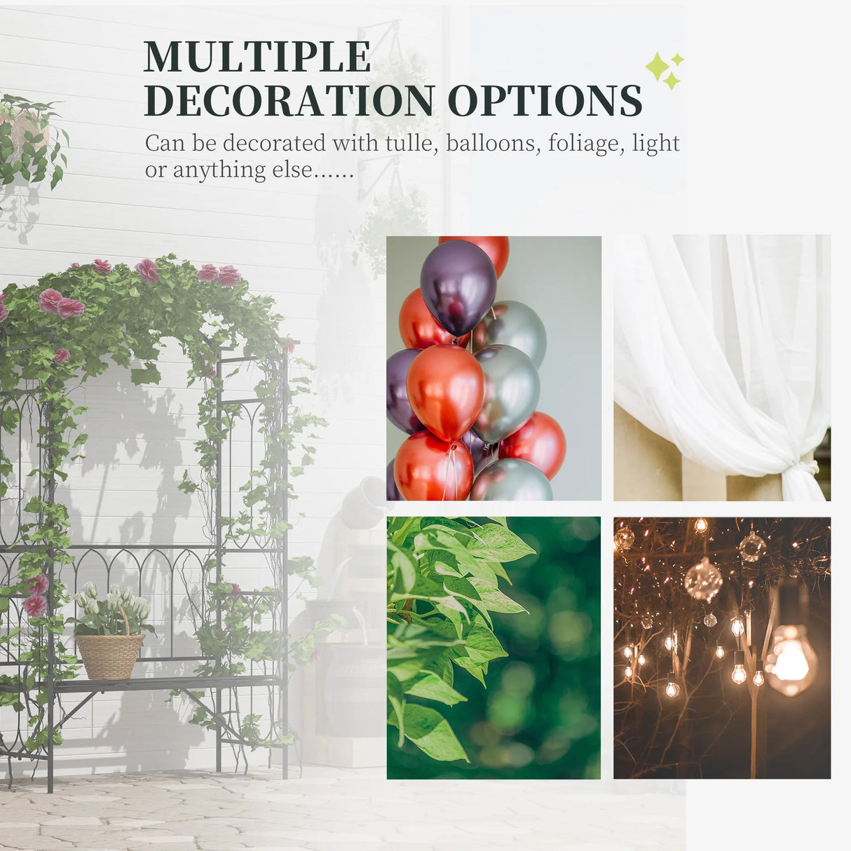 Outsunny Garden Metal Frame Bench W/Arch for Various Climbing Plant, 115Lx50Wx203H cm-Black