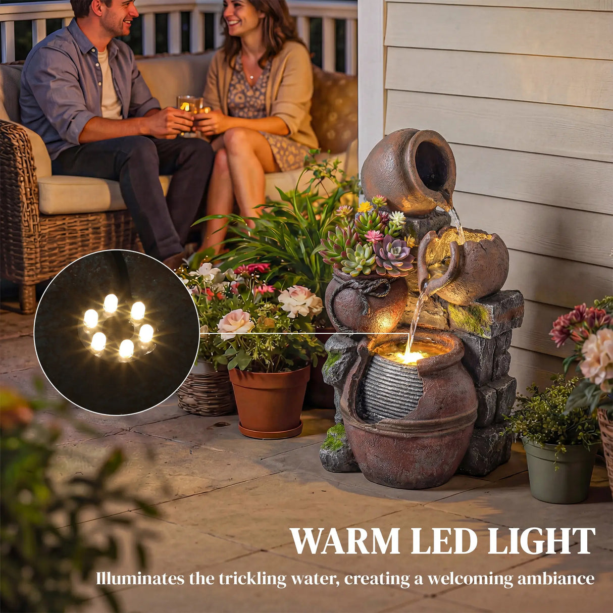 Outsunny Outdoor Fountain with 4-Tier Rustic Pots & Planter, Garden Fountain with LED Lights, Rustic Brown