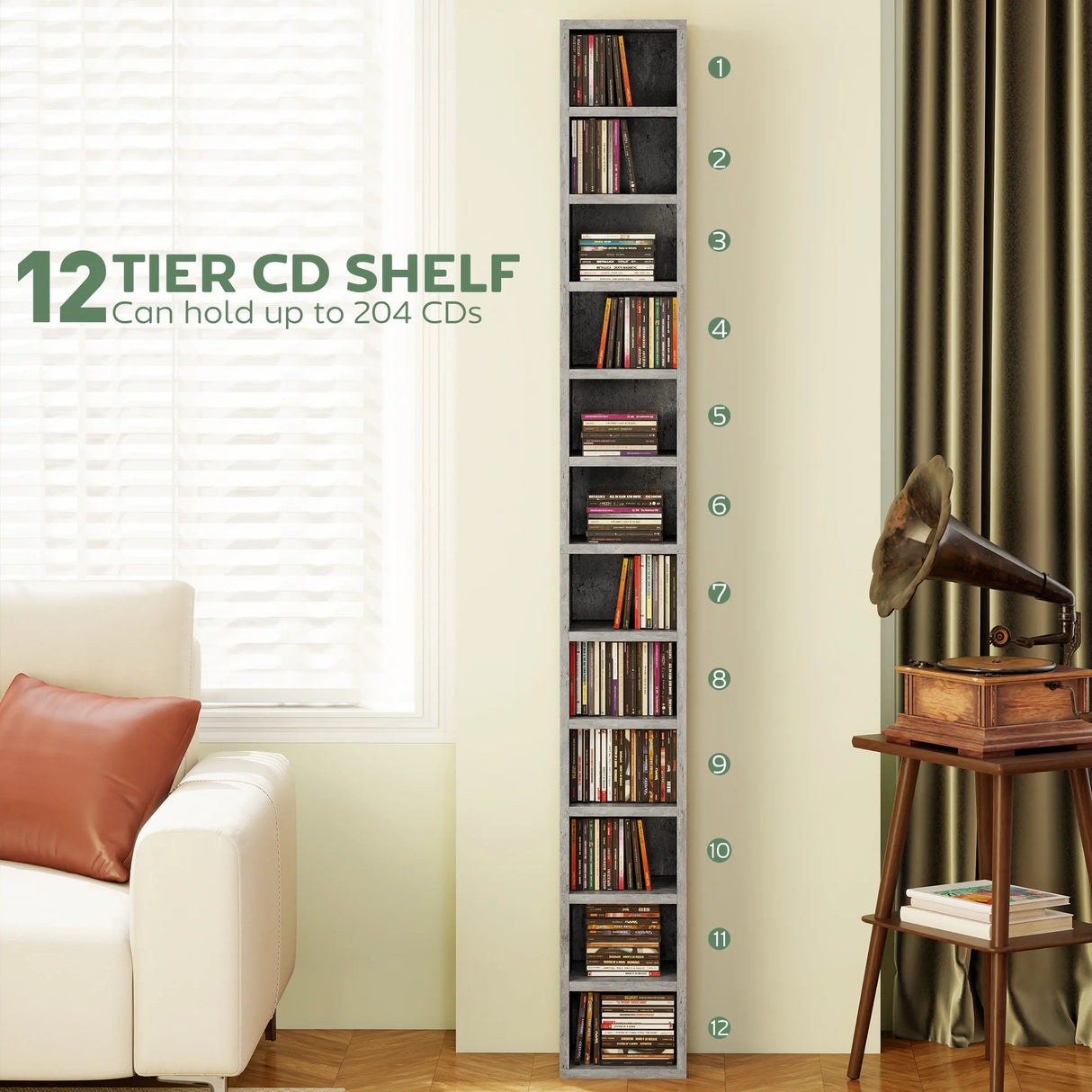 HOMCOM 204 CD Tall Narrow Media Storage Tower - Cement Grey