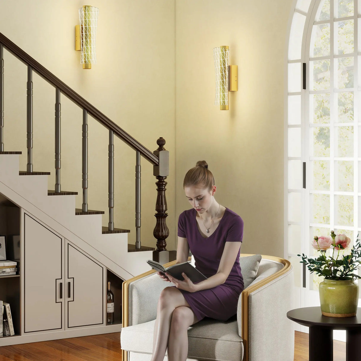 HOMCOM Led Wall Lamp 2 Pack, 9W Modern Indoor Geometric Mesh Wall Light, Colour Temperature Adjustable 3000K/4000K/6500K for Bedroom, Living Room, Hallway, Stairs, Gold Tone