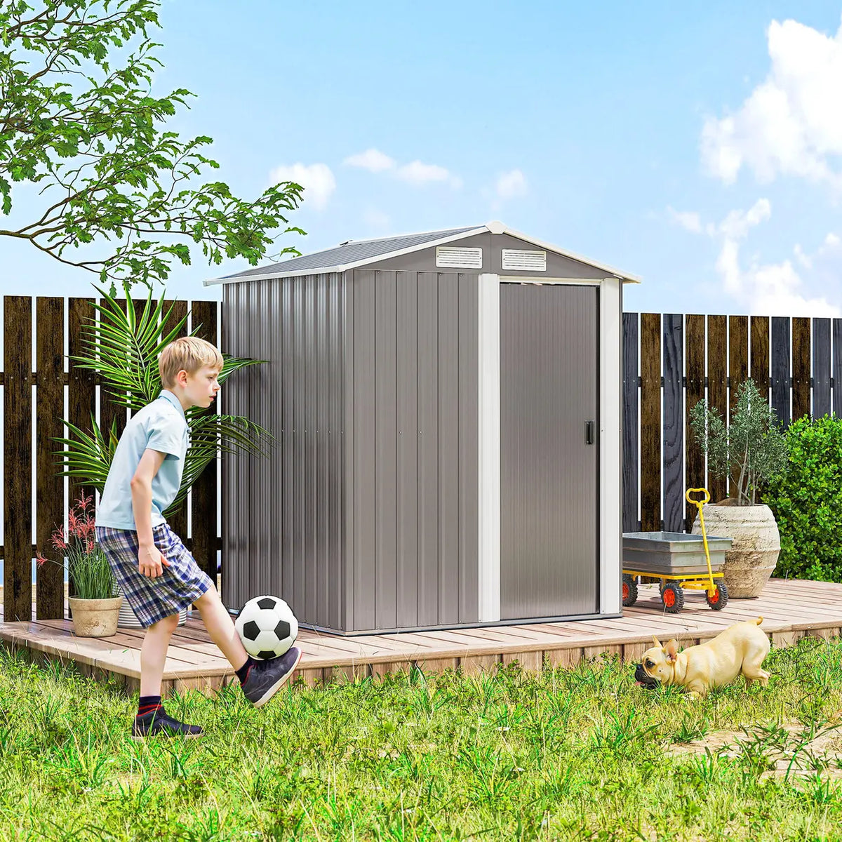 Outsunny Garden Metal Tool Storage Shed with Sliding Door, Sloped Roof and Foundation Kit, 152 x 132 x 188cm, Grey