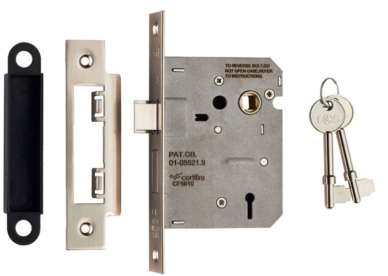 76MM SASH LOCK - 3 LEVER - 57MM C/C - SQUARE - SATIN NICKEL - EACH