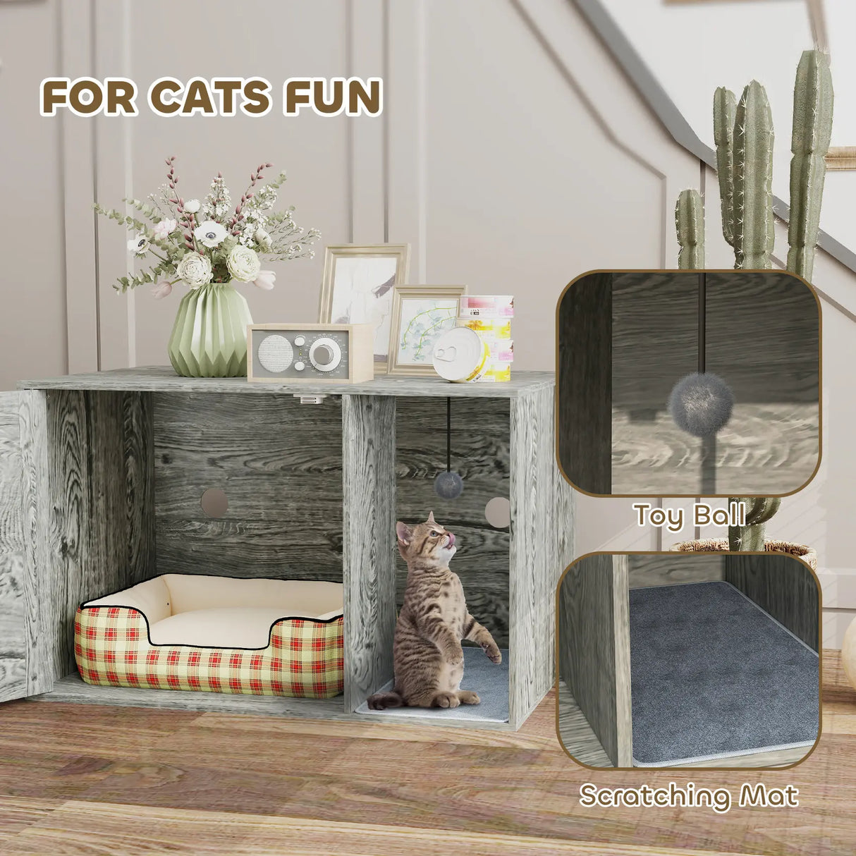 PawHut Cat Litter Box Enclosure with Rattan Door, Scratching Mat, Toy Ball, Non-Slip Foot Pads, Grey