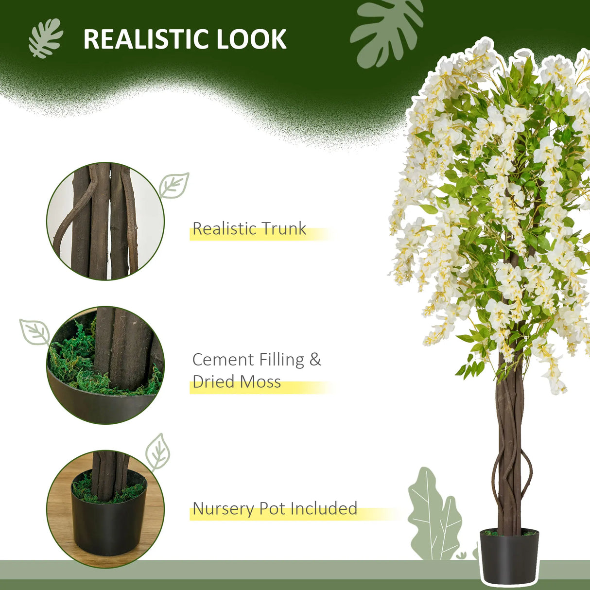 HOMCOM Artificial Realistic White Wisteria Tree Faux Decorative Plant in Nursery Pot for Indoor Dcor, 160cm