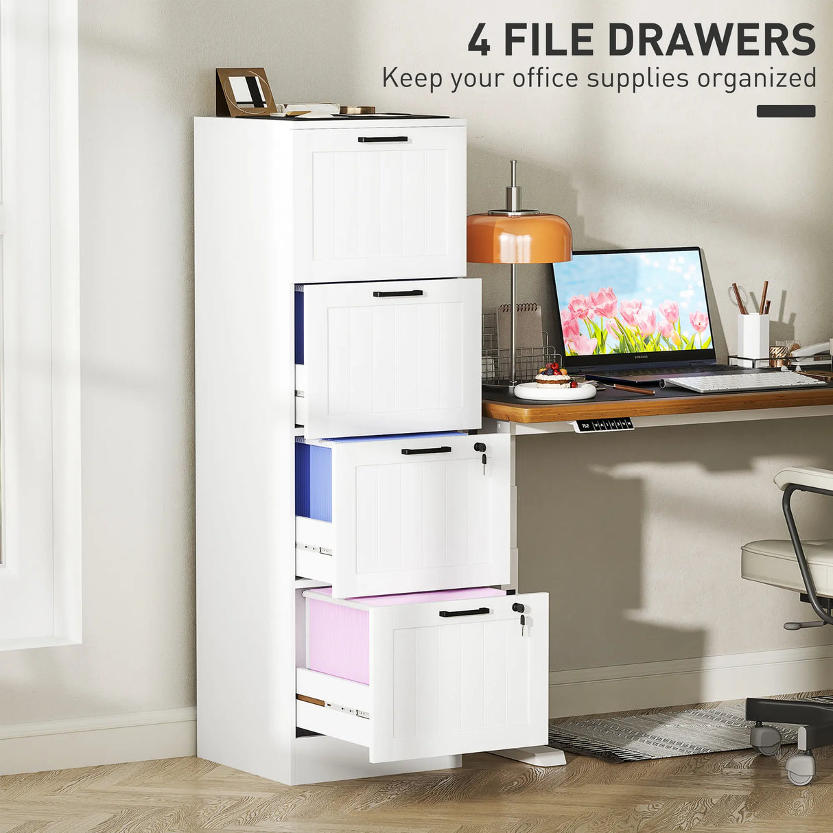 HOMCOM 4 Drawer Filing Cabinet with Lock, Office Storage Cabinet with Adjustable Hanging Bars for A4 Letter Size Files, White