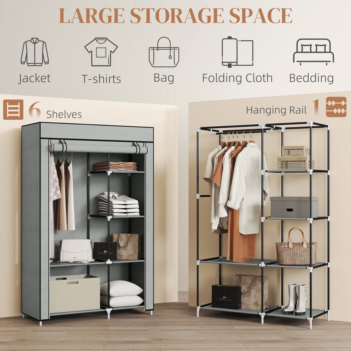HOMCOM Fabric Wardrobe, Portable Wardrobe with 6 Shelves, 1 Hanging Rail, Foldable Closets, 103 x 43 x 162.5 cm, Light Grey